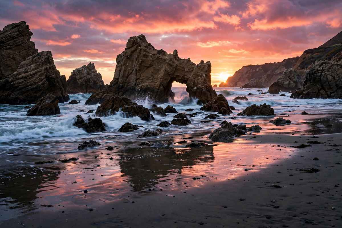 Sea stacks at El Matador Beach glowing at sunset in Malibu